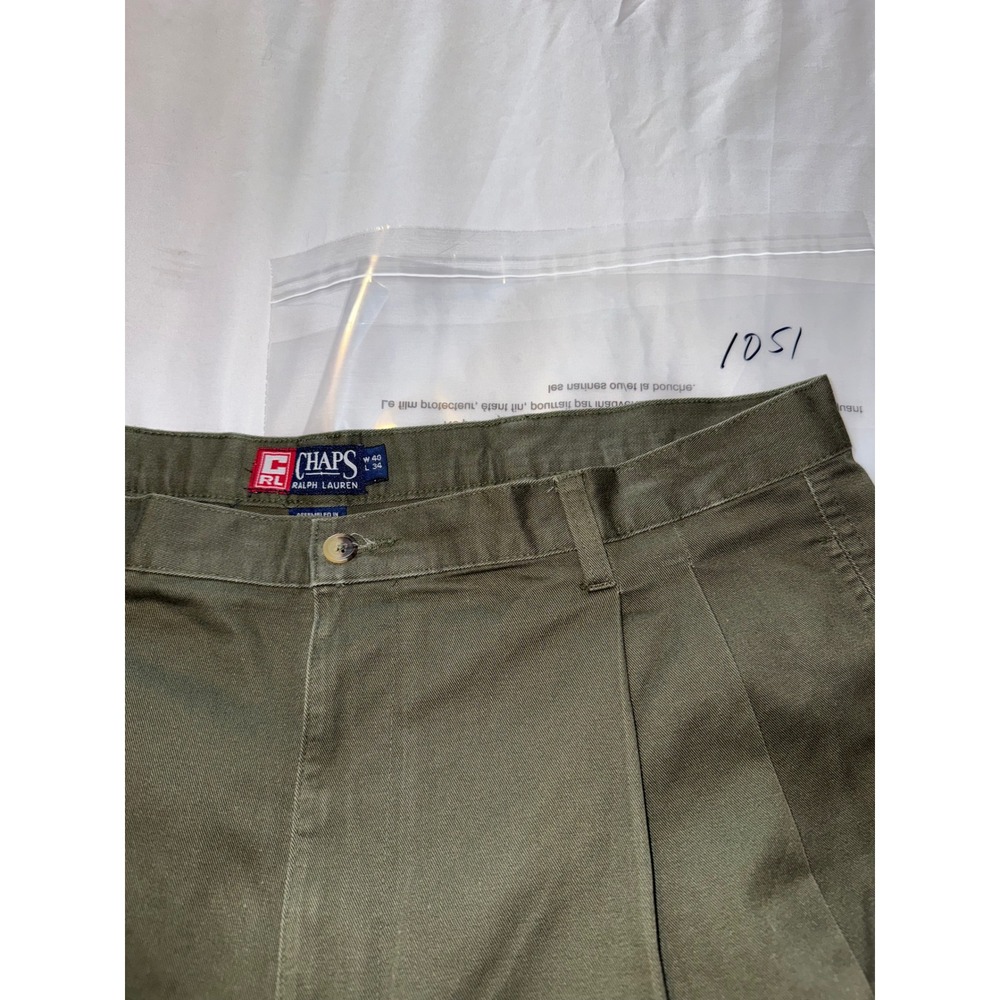 Chaps Ralph Lauren Mens 40x34 Pleated Chino Pants Olive Green Cuffed Trousers - Picture 2 of 7